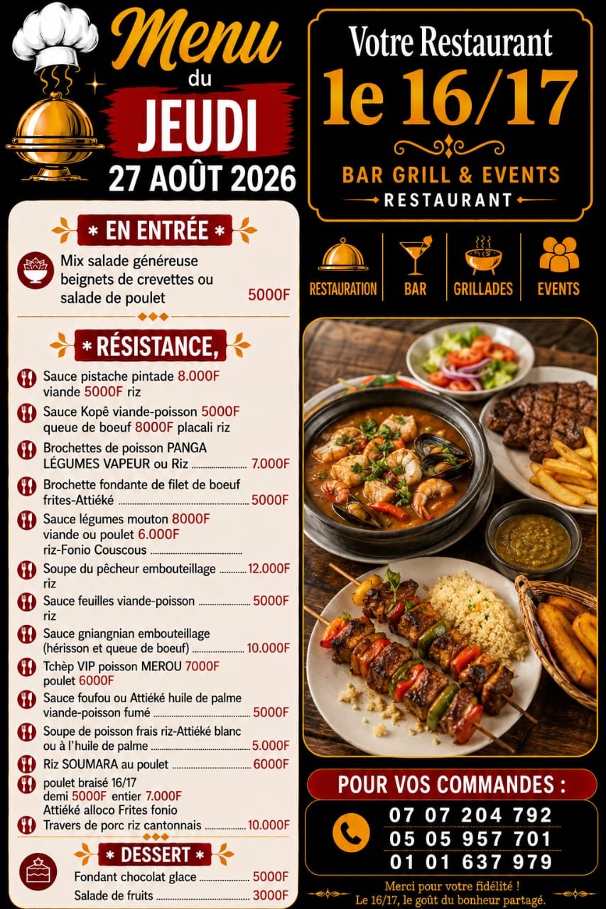 Affiche originale du menu Le 16/17 reçue sur WhatsApp