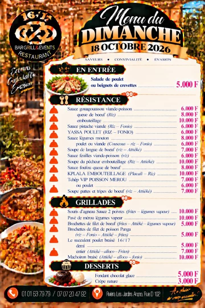 Affiche originale du menu Le 16/17 reçue sur WhatsApp